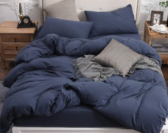 Navy Blue Duvet Cover Dorm Bedding, Soft Breathable Boho Stone Washed Comforter Cover