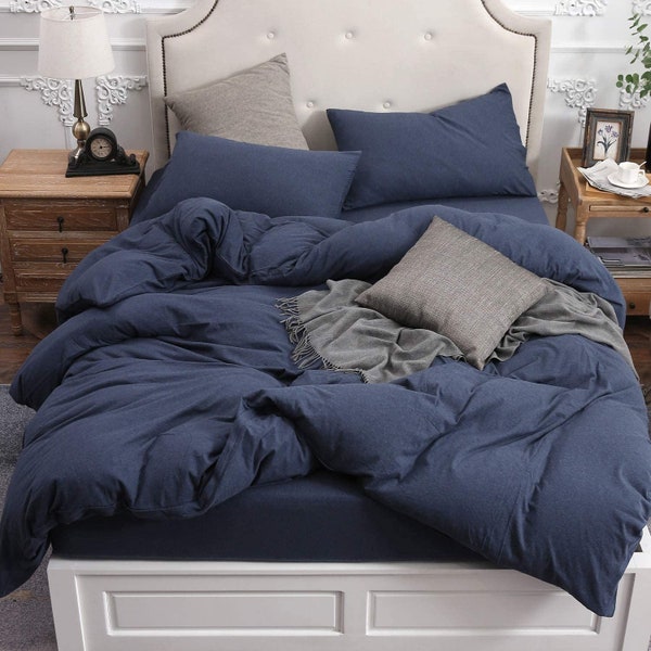 Navy Blue Duvet Cover Dorm Bedding, Soft Breathable Boho Stone Washed Comforter Cover