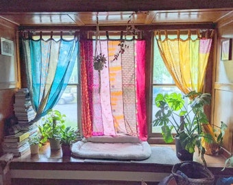 Bohemian Patchwork Curtains Bed Canopy Silk Saree Door Curtain Drape, Window, Bed Decor Recycled Tab Top Bed Curtains