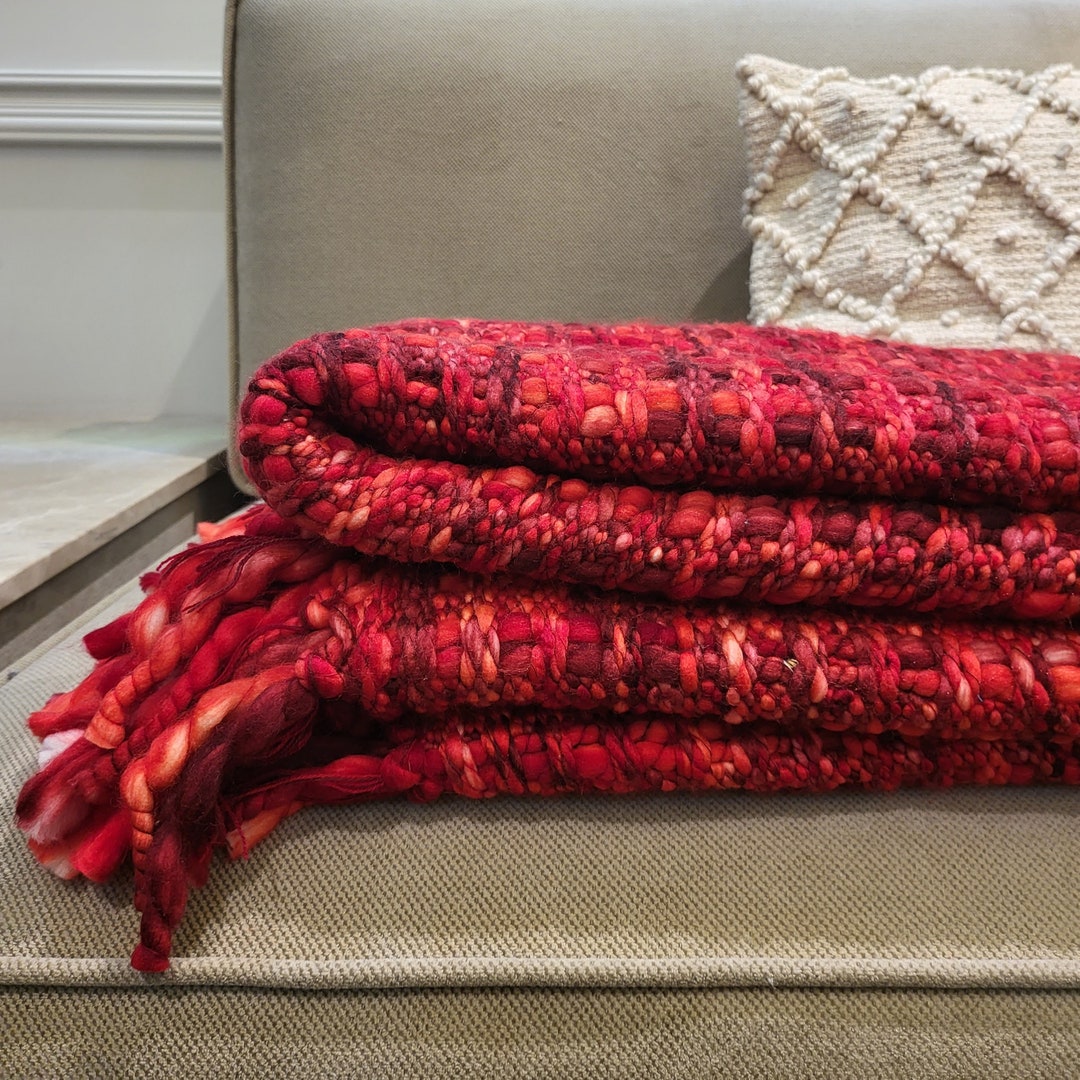Red Chunky Knit Throw Blanket Soft Cotton Bed Runner Boho Cotton