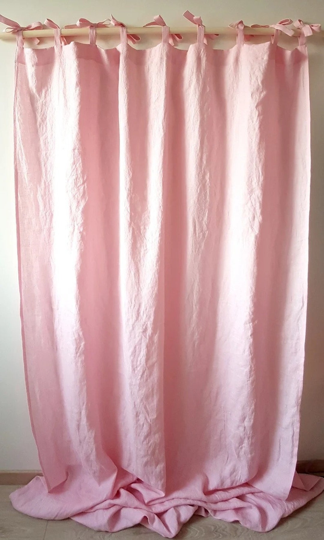 Pink Linen Curtain Tie Top Window Panel Semi Sheer Linen Drape Window