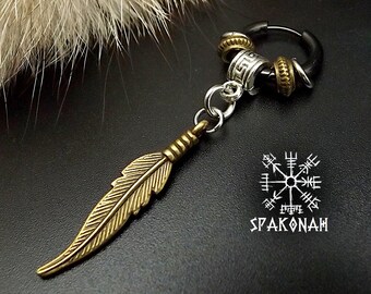 Mono-boucle d'oreille viking en acier inoxydable et métal, avec plume, légère et agréable - cadeau pour homme /femme cadeau d'anniversaire