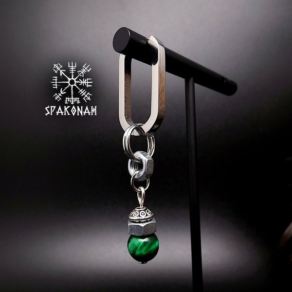 AFTAKA viking single earring in stainless steel, unique piece from the SELBST collection, with bolts and green tiger's eye stone -