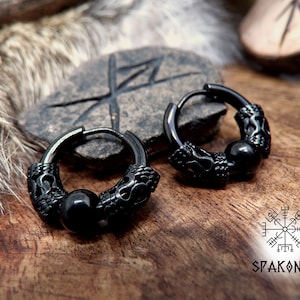 Viking style hoop earrings in black stainless steel with metal beads
