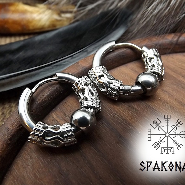 Viking style hoop earrings in silver color in stainless steel with metal beads