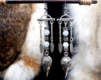 Viking raven skull earrings with natural stones and stainless steel hook