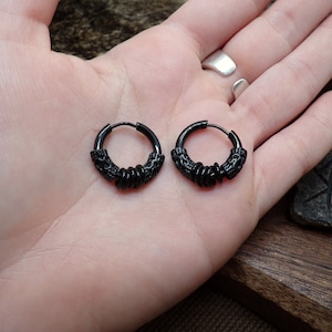 Viking style hoop earrings in black stainless steel with metal beads image 4