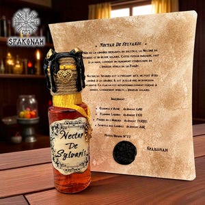 Peut inclure: Une bouteille en verre décorative étiquetée "Nectar De Sylvaris" avec un bouchon détaillé. La bouteille contient un liquide rougeâtre et est ornée d'un charm en forme de cœur doré. Un parchemin avec du texte français est en arrière-plan.