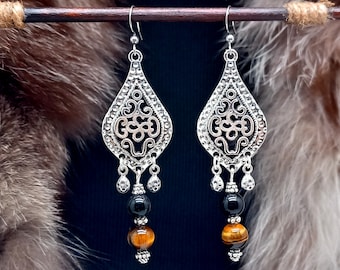 Viking interlacing earrings with natural stones and stainless steel hook