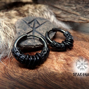 black stainless steel viking style hoop earrings with metal beads