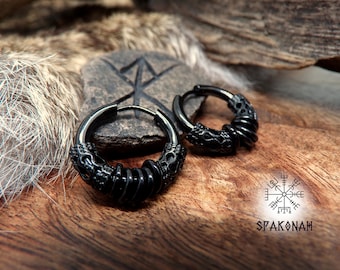 Viking-style black stainless steel hoop earrings with metal beads