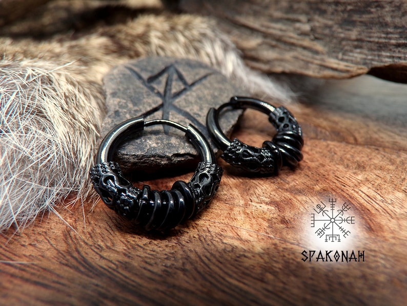 Viking style hoop earrings in black stainless steel with metal beads image 1