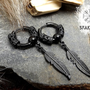 Viking style hoop earrings in black stainless steel with metal beads