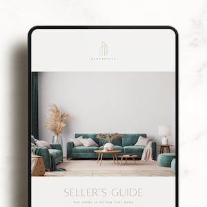 May include: A digital tablet displaying a real estate seller's guide with a teal sofa and a vase of dried pampas grass in the background. The text on the tablet reads "Seller's Guide Our Guide to Selling Your Home."