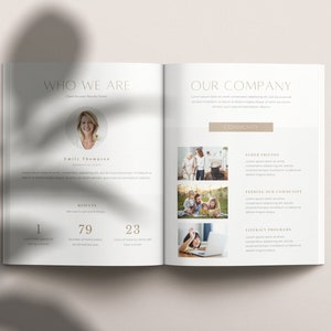 May include: A two-page spread from a company brochure. The left page features a headshot of a woman with the text "Who We Are" and "Client Focused Results Driven". The right page features the text "Our Company" and "Community" with images of people interacting with each other.