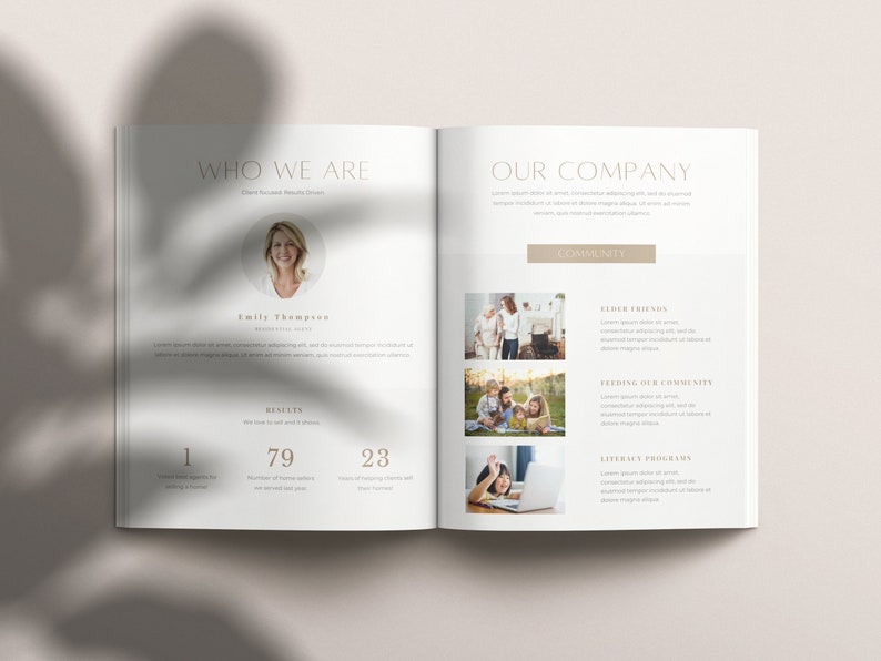 May include: A two-page spread from a company brochure. The left page features a headshot of a woman with the text "Who We Are" and "Client Focused Results Driven". The right page features the text "Our Company" and "Community" with images of people interacting with each other.