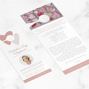 May include: A pink and white door hanger with a heart-shaped cutout. The text reads "Happy Valentine's Day Neighbours!" and includes a photo of a woman. The back of the door hanger has a recipe for sugar cookies with the text "Here is a lovely sugar cookie for you, guaranteed to sweeten your Valentine's Day!"