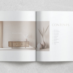 May include: An open magazine with the word "WELCOME" on the left page and a table of contents on the right page. The table of contents lists topics such as "Who we are", "Our Company", "The Process", "Preparation", "Marketing", "Staging", "Featured in", "Styling", "Selling", "Testimonials", and "FAQ".