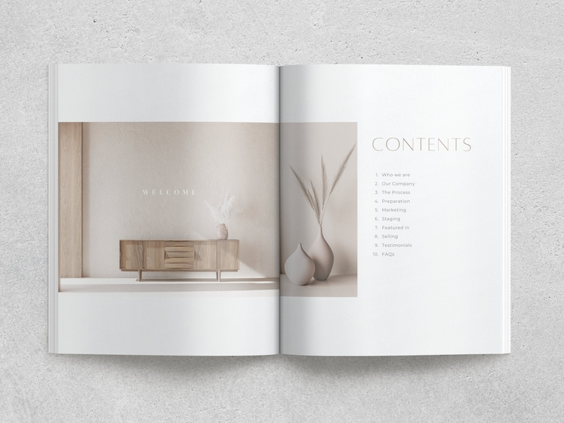 May include: An open magazine with the word "WELCOME" on the left page and a table of contents on the right page. The table of contents lists topics such as "Who we are", "Our Company", "The Process", "Preparation", "Marketing", "Staging", "Featured in", "Styling", "Selling", "Testimonials", and "FAQ".