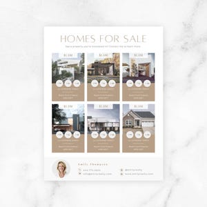 May include: A property sales flyer featuring images of houses, with the headline "HOMES FOR SALE". The flyer uses a neutral colour palette with beige and white tones and includes contact details for Emily Thompson.