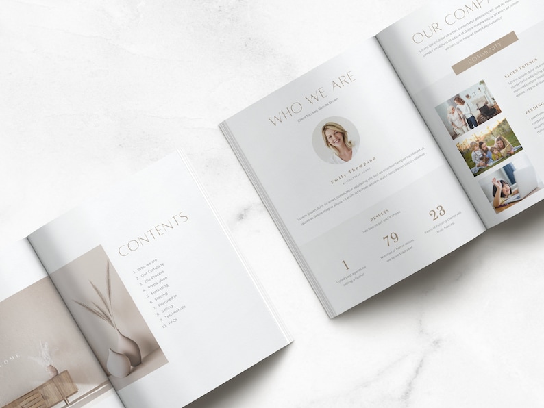 May include: A magazine open to a page titled "Who We Are" with a headshot of Emily Thompson, a woman with brown hair and a white shirt. The page also includes the text "Our Company" and numbers "1", "79", and "23".