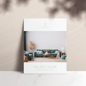 May include: A teal green sofa with pillows and a throw blanket in a living room setting. The text "Seller's Guide Our Guide to Selling Your Home" is on the front of a brochure.