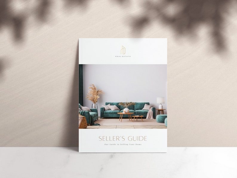 May include: A teal green sofa with pillows and a throw blanket in a living room setting. The text "Seller's Guide Our Guide to Selling Your Home" is on the front of a brochure.