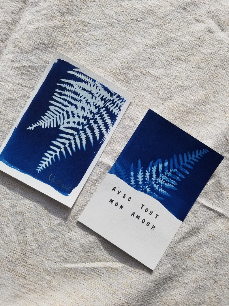 May include: Two cyanotype prints of ferns. The top print is signed 'Ch2021'. The bottom print has the text 'AVEC TOUT MON AMOUR'.