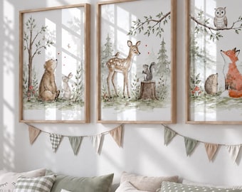 Woodland Nursery Wall Art Set of 3 | Forest Animal Prints | Bear Deer Fox Nursery Decor | Unframed Baby Room Art