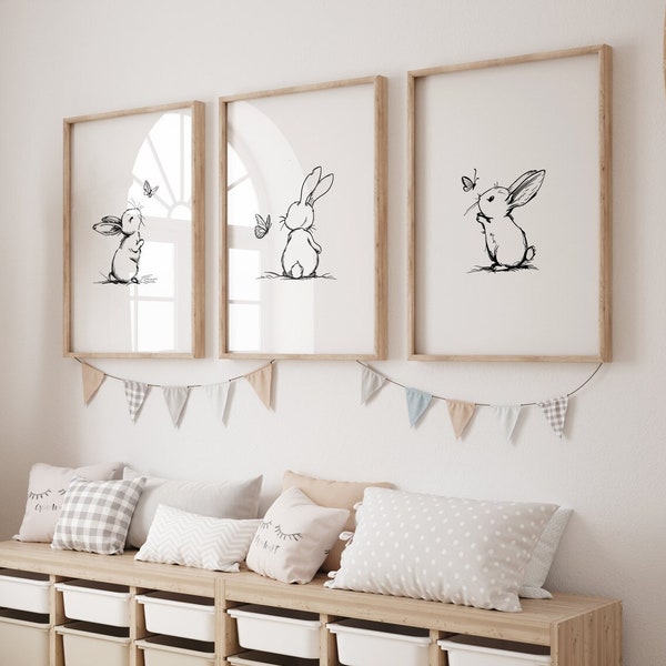 Set of 3 Bunny Line Art Prints for Nursery, Rabbit Pictures for Babies Bedroom, Black and White Kids Room Decor, Gender Neutral Playroom