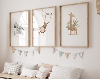 Safari Nursery Wall Prints, Nursery Decor, Boho Nursery Prints, Set of 3 Prints, Beige Nursery Prints, Nursery Wall Art, Neutral Nursery Art
