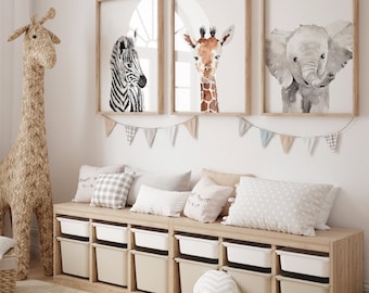 Estampas de berçário de animais Safari Baby, conjunto de 3, decoração de berçário, arte de parede de berçário, estampas de animais para berçário, presente de Natal, arte de berçário Safari