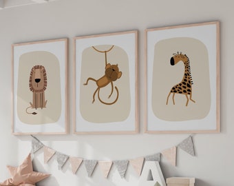 Safari Nursery Wall Prints, Nursery Decor, Boho Nursery Prints, Set of 3 Prints, Beige Nursery Prints, Nursery Wall Art, Neutral Nursery Art