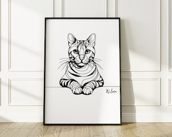 Impresión digital de Bengala personalizada, Esquema de gato de Bengala, Dibujo de arte lineal de Bengala minimalista, Regalo conmemorativo de Bengala, Regalo de Bengala, Amante de los gatos