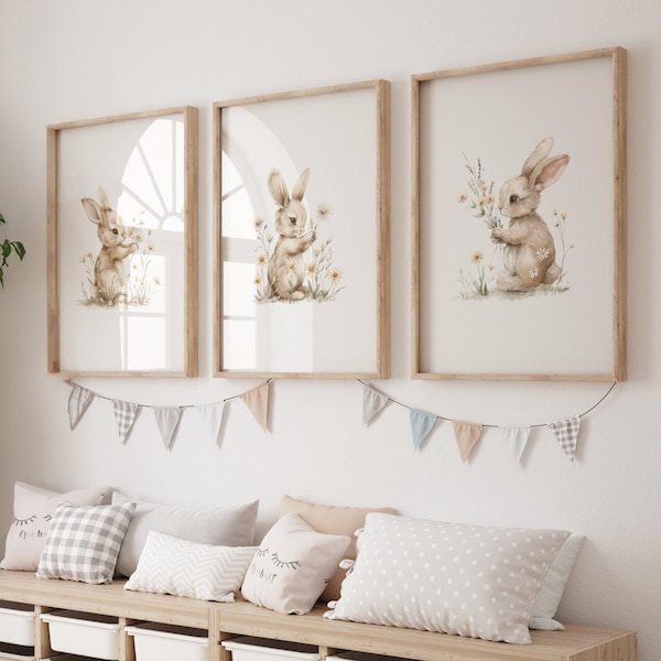Floral Bunny prints, set van 3, meisjes konijn prints, bloemen konijnen, meisjes kinderkamer, donkerroze, meisjes slaapkamer prints, kinderkamer Bunny prints
