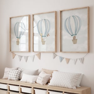 Juego de 3 láminas de animales de globos aerostáticos, para habitación infantil, sala de juegos, póster infantil, dormitorio de niña y niño, arte mural infantil, impresión A3/A4