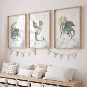 Set of 3 Dragon Nursery Wall Art Prints, Dragon Nursery Decor, Green ...
