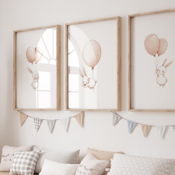 Set van 3 konijnenkunstprints voor kinderkamer, konijnenfoto's voor baby's slaapkamer, roze, blauwe kinderkamerdecoratie, genderneutrale speelkamer