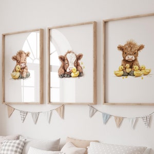 Impresión de guardería de vaca de las Tierras Altas, decoración de guardería de vaca de las Tierras Altas, regalo de vaca de las Tierras Altas, impresión digital de vaca de acuarela para dormitorio de granja para niños, juego de tres