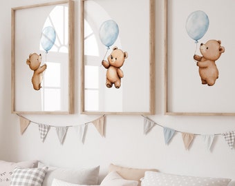 Bear Nursery Prints, Balloon Bear Nursery Decor, Neutral Nursery Decor, Baby Bear Nursery Wall Art, Woodland Nursery Digital Prints