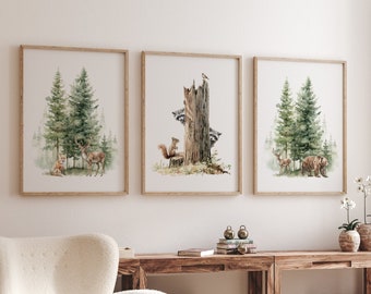 Art de pépinière de forêt, pépinière d'aquarelle, renard d'ours de cerf, pépinière de forêt, ensemble de trois estampes de chambre de bébé, art de pépinière de forêt, estampes de forêt