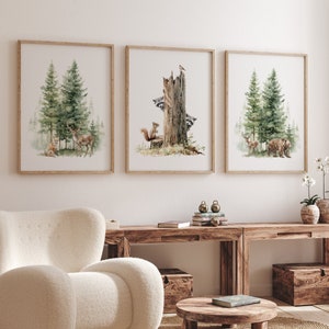Woodland Nursery art, watercolor nursery, deer bear fox, woodland nursery, Set of three nursery prints, Woodland nursery art, Forest prints