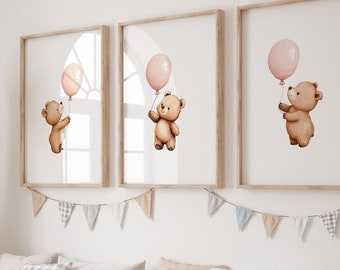Bear Nursery Prints, Balloon Bear Nursery Decor, Neutral Nursery Decor, Baby Bear Nursery Wall Art, Woodland Nursery Digital Prints