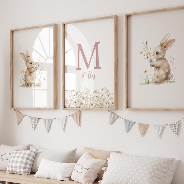 Bloemen konijntjesprints, set van 3, meisjes konijn prints, bloemen konijnen, meisjeskamer, oudroze, meisjes slaapkamer prints, kinderkamer konijn prints