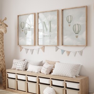 Conjunto de 3 impresiones de animales en globo aerostático, guardería, sala de juegos, póster para niños, dormitorio para niñas y niños, arte de pared para niños, impresión A3 A4