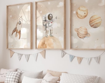 Nursery Decor Space Boy, Nursery Wall Art Space, Watercolor Space Nursery Prints, Astronaut Prints, Outer Space Prints Set Of 3 Wall Art
