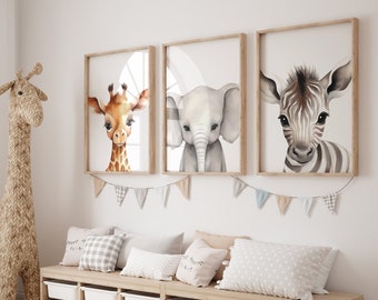 Estampas de berçário de animais de bebê Safari, conjunto de 3, estampas de berçário de animais de bebê, arte de parede de berçário, estampas de animais para berçário, presente de Natal, Safari