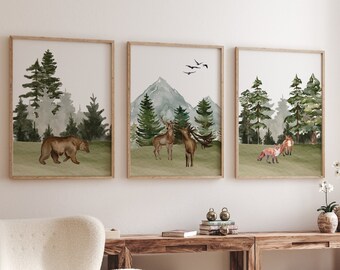 Art de pépinière de forêt, pépinière d'aquarelle, renard d'ours de cerf, pépinière de forêt, ensemble de trois estampes de chambre de bébé, art de pépinière de forêt, estampes de forêt