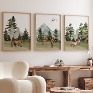 Woodland Nursery art, watercolor nursery, deer bear fox, woodland nursery, Set of three nursery prints, Woodland nursery art, Forest prints