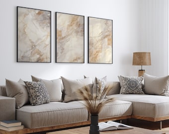 Estampados de pared beige y crema, estampados de pared de mármol, conjunto de 3 carteles, arte de pared de dormitorio beige, decoración de pared beige, beige y crema, decoración de dormitorio